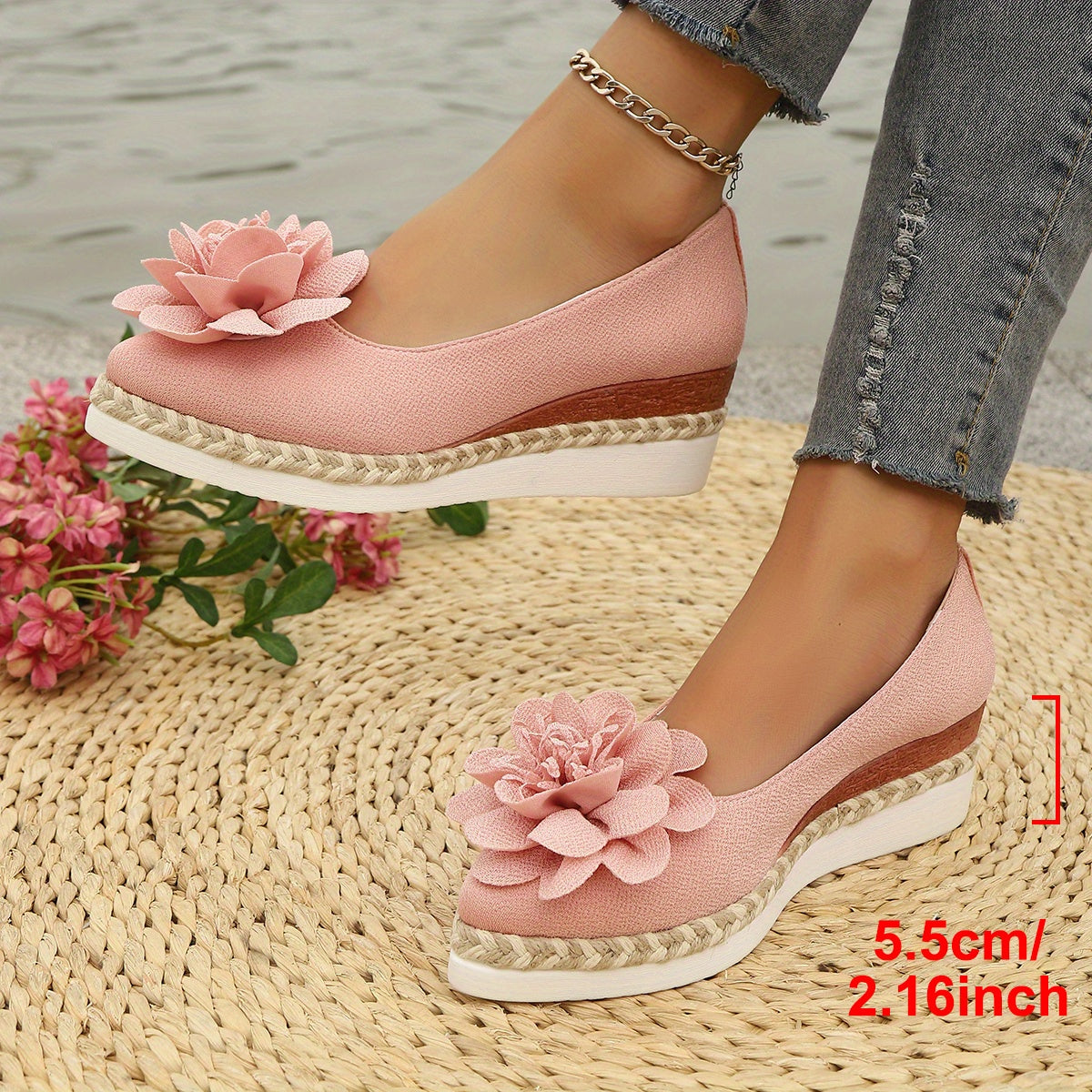 Women's Red Floral Wedge Heels Pointed Toe Thick Sole Slip-On Shoes