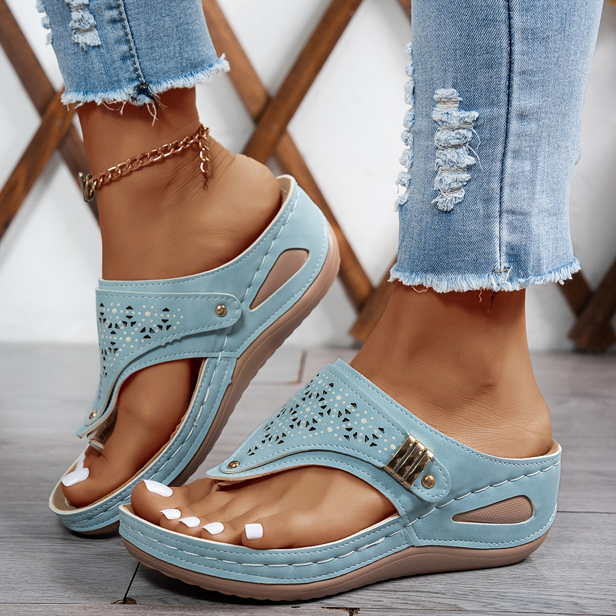 Women's Light Blue Slip-On Flat Sandals with Metallic Buckle