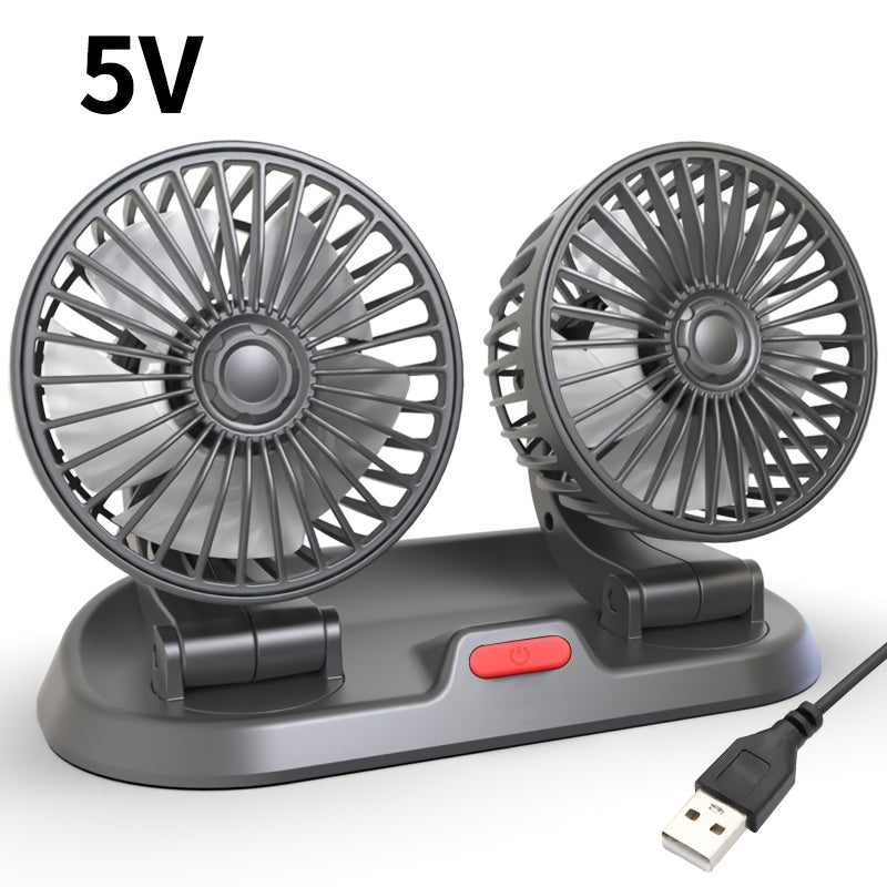 Dual Head Portable Car Fan with 5-Blade Turbo Airflow, USB Powered