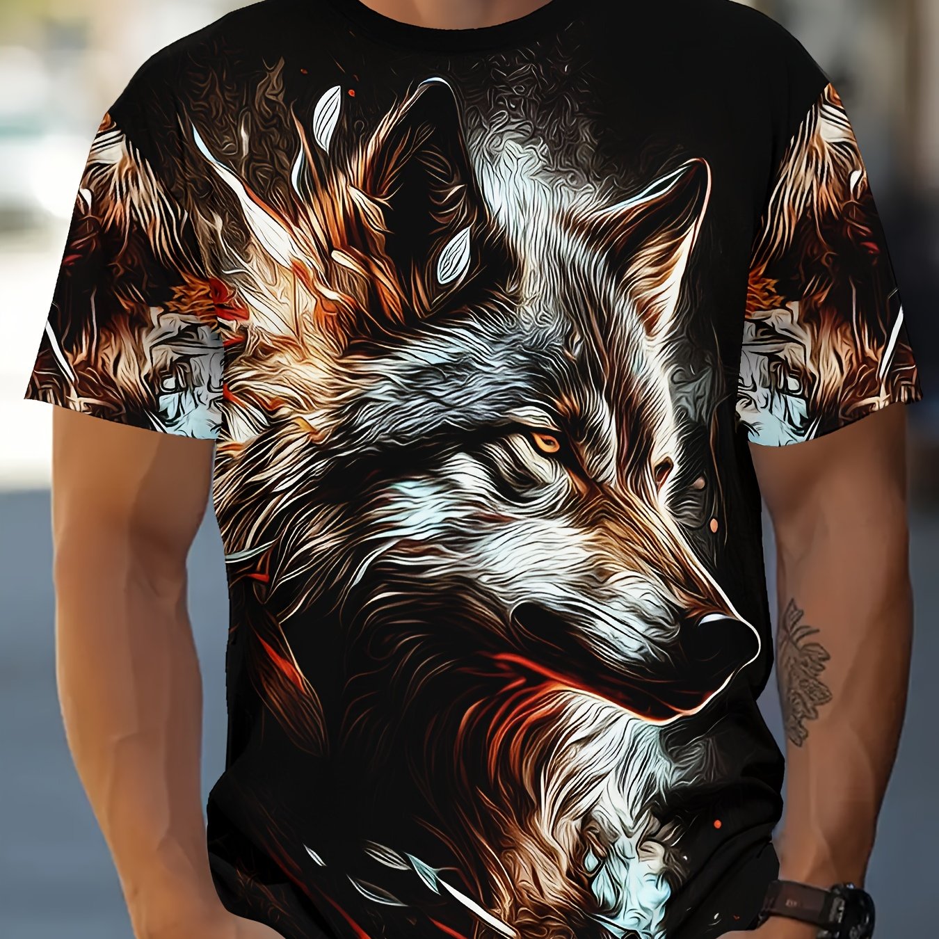 Erkaklar uchun yengli bo'yin T-ko'ylagi, yashirin Wolf print bilan