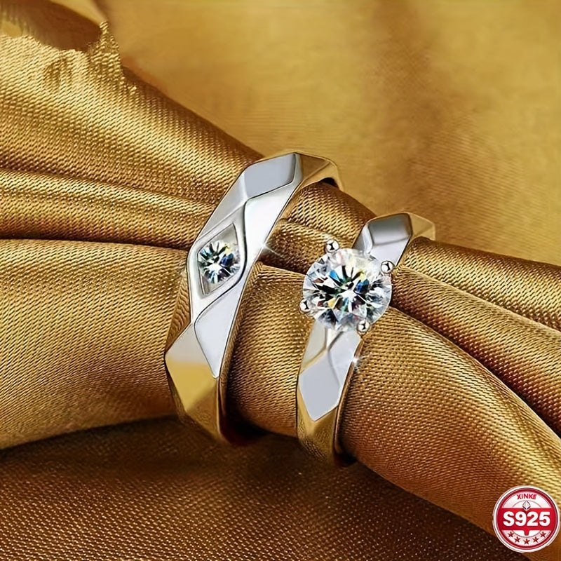 Unisex Silver Couple Rings with Cubic Zirconia Bohemian Open Band for Valentine's Day and Festivals