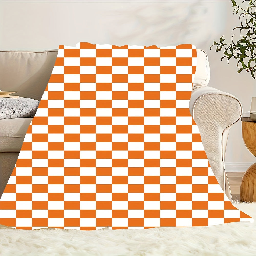 Orange and White Checkered Fleece Throw Blanket with Geometric Pattern for All Seasons