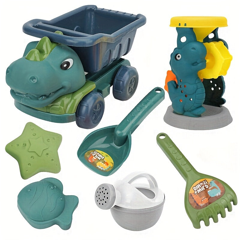 Kids Dinosaur Beach Toy Set with Dump Truck Watering Can Shovel Rake Sand Molds 7 Pieces