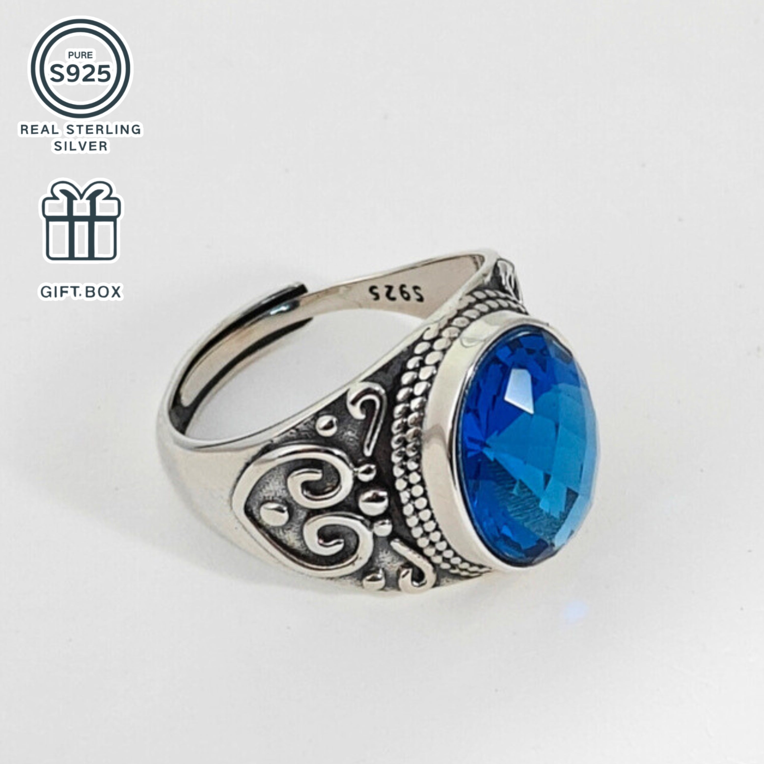 Anillo boho de plata de ley con zirconia sintética banda ancha tallada para uso diario