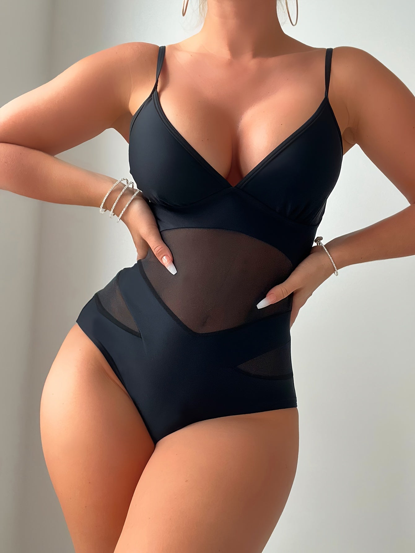 Seductive One-Piece Swimsuit with Mesh High Waist V-Neck Cut-Out Details