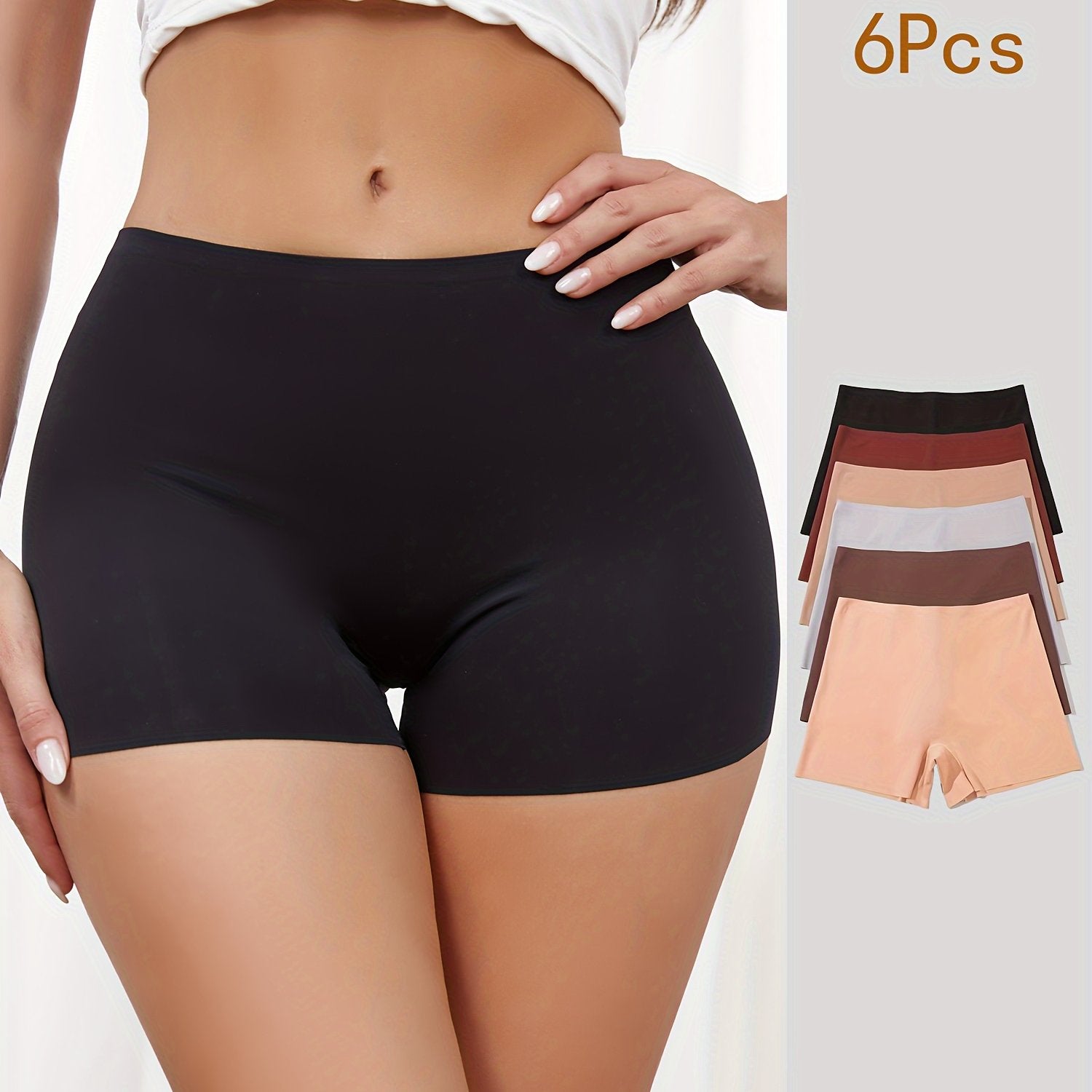 Set of 6 Seamless Mid-Rise Women's Underwear Shorts Solid Color No-Show