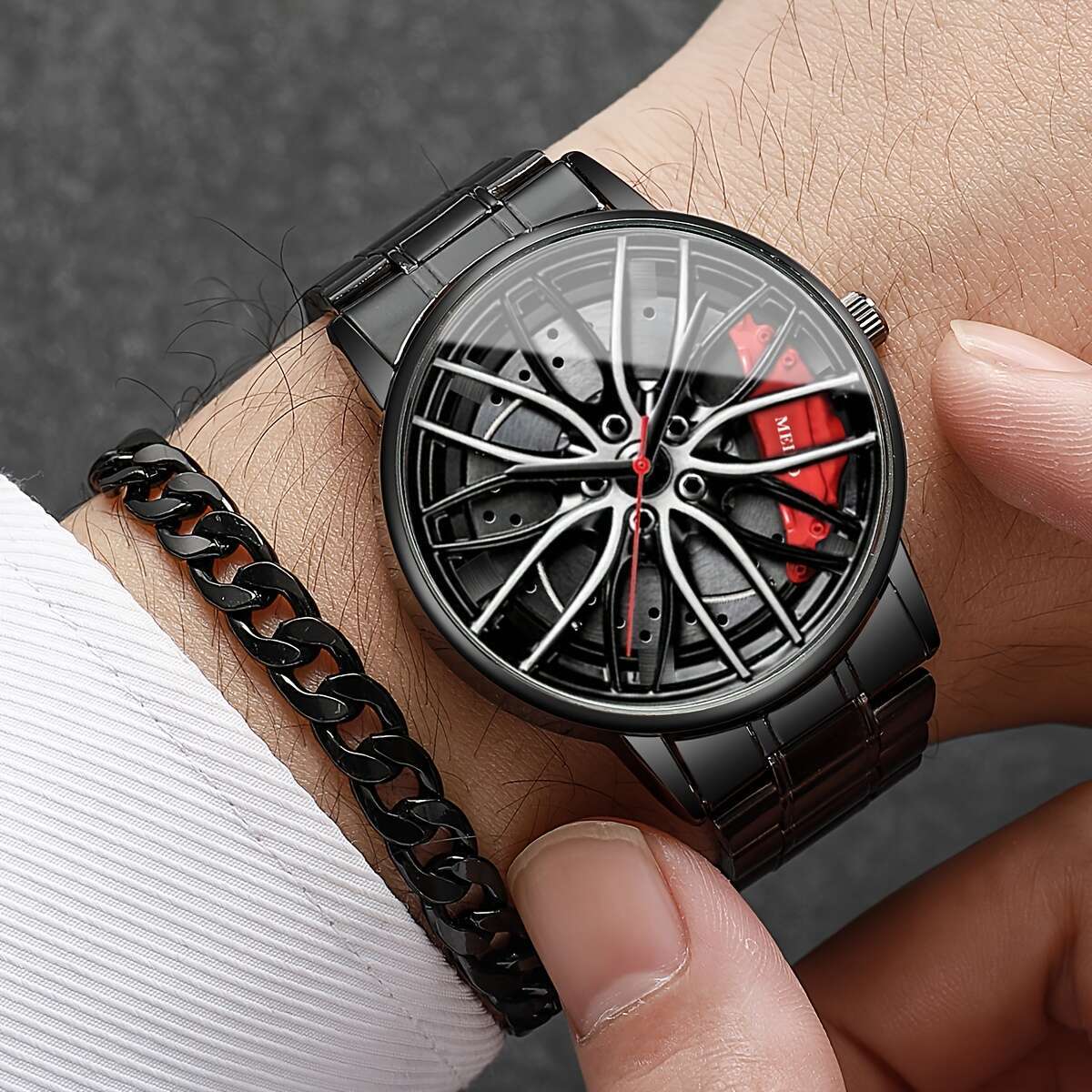 Conjunto de reloj de cuarzo para hombre con esfera grande, pulsera de cadena de aleación de zinc y batería no recargable