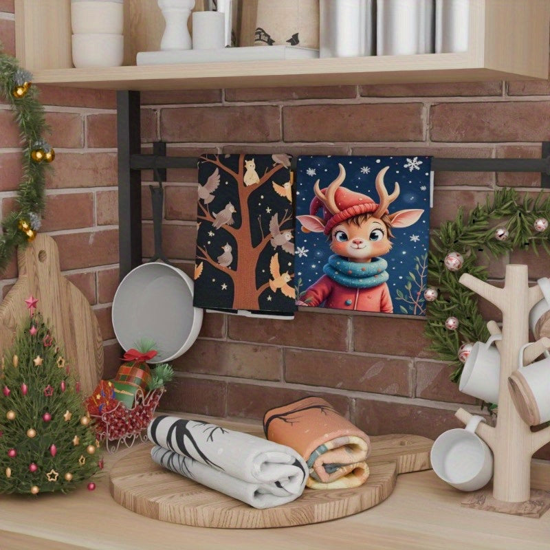 Set of 4 Polyester Kitchen Towels Reindeer Elk Design 45x66 cm Non-Woven