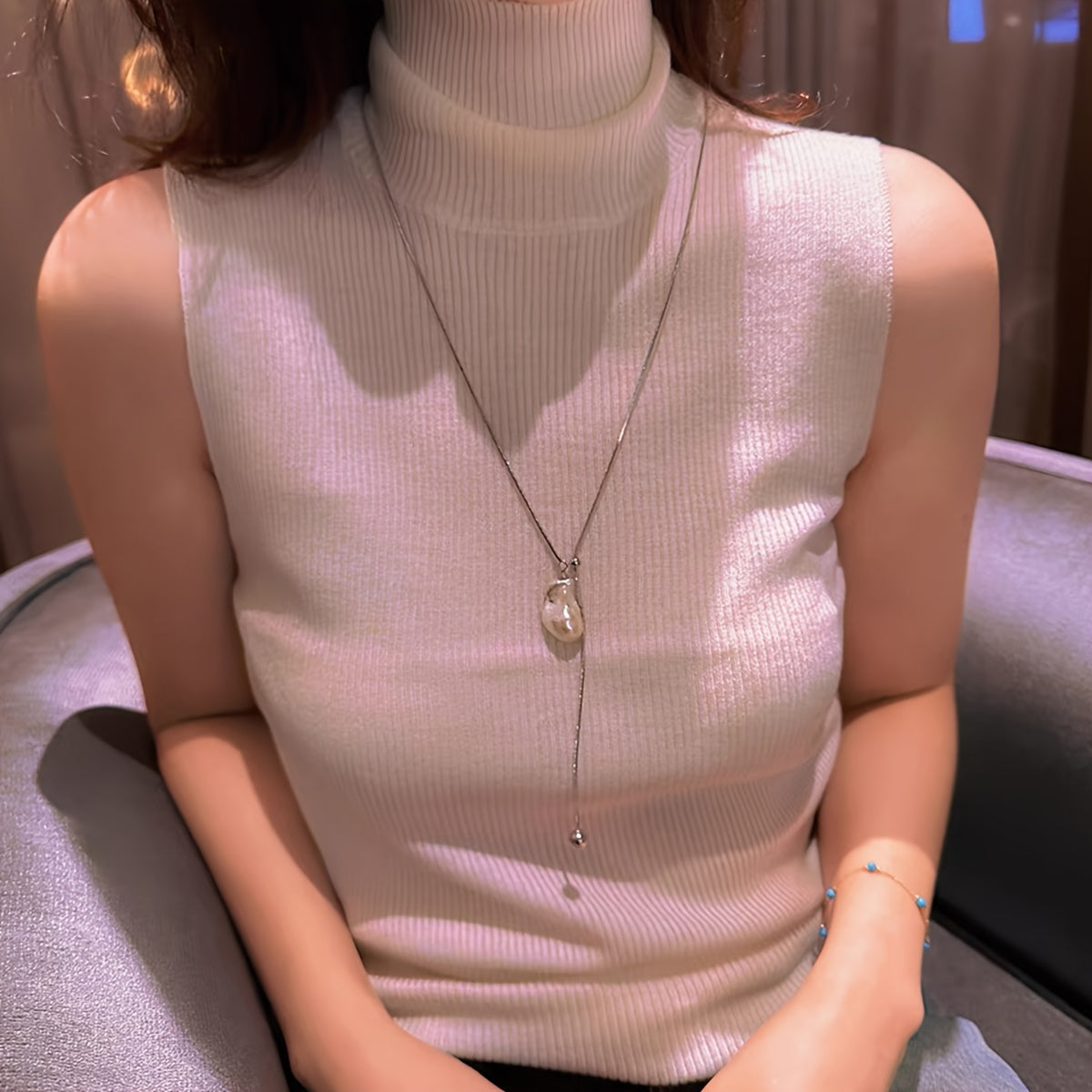 Y-Necklace with Baroque Freshwater Pearl Pendant Adjustable Slider French-Inspired Design for Holidays Banquets Festivals