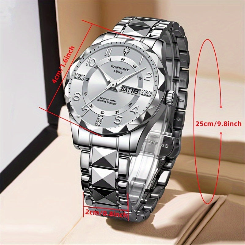 Men's Stainless Steel Quartz Watch with Roman Numeral Dial and Date Calendar
