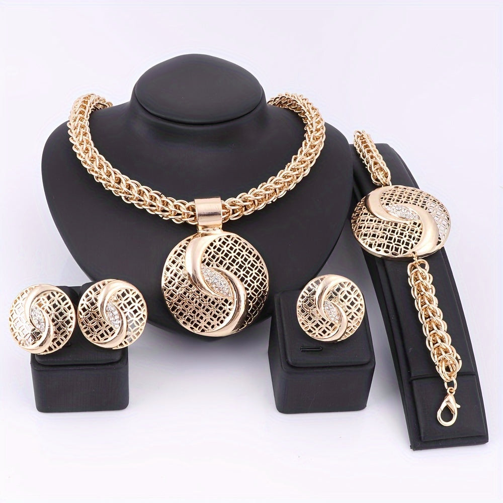 Golden Rhinestone Jewelry Set with Necklace Earrings Bracelet Ring for Weddings and Events