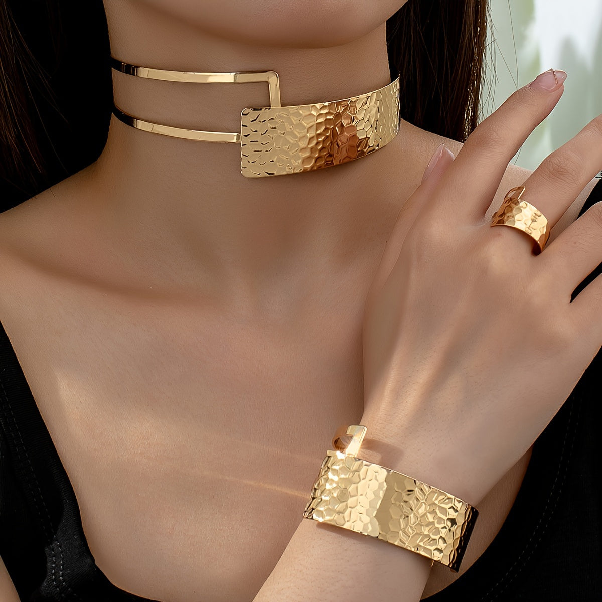 Boho 3-Piece Jewelry Set for Women Gold Plated Geometric Choker Cuff Ring