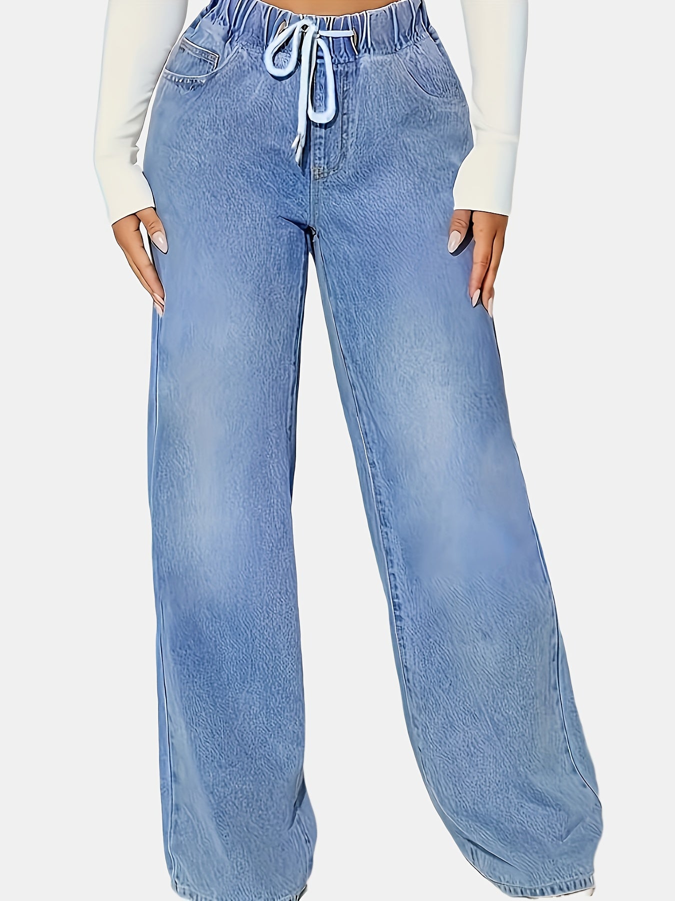 Women's Light Blue Elastic Waist Wide Leg Jeans with Drawstring and Slant Pockets