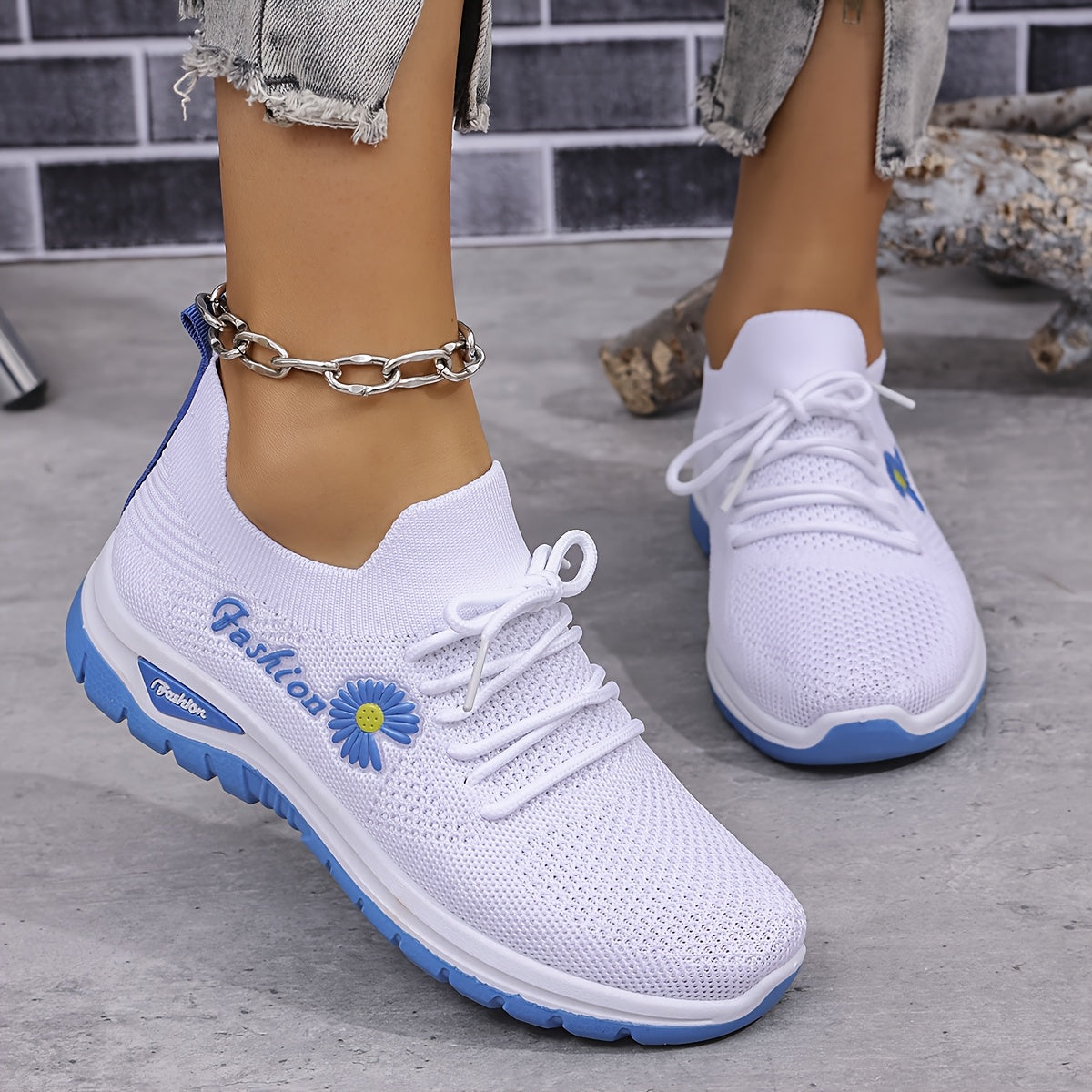 Women’s Breathable Knit Slip-On Sneakers Casual Low-Top Shoes with Floral Prints