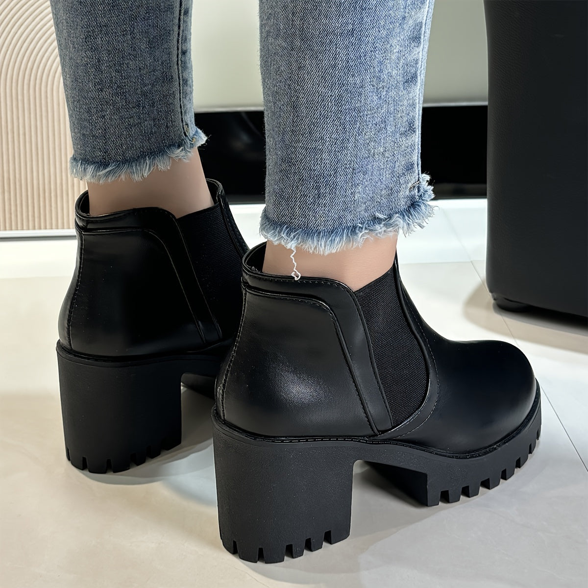 Women's Faux Cover Ankle Boots with Chunky Heel, Rubber Sole, Black