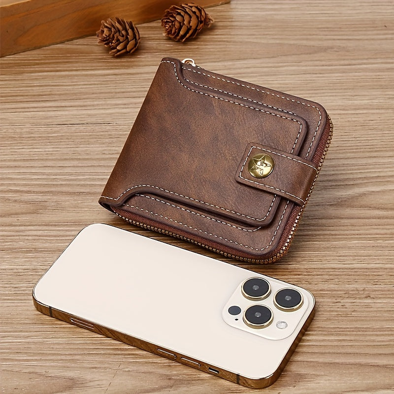 Men's PU Zipper Wallet with Button Decor Credit Card Holder Bifold Coffee