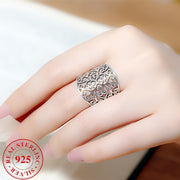 925 Silver Hollow Vine Wide Band Ring with Leaf Pattern Bohemian Jewelry