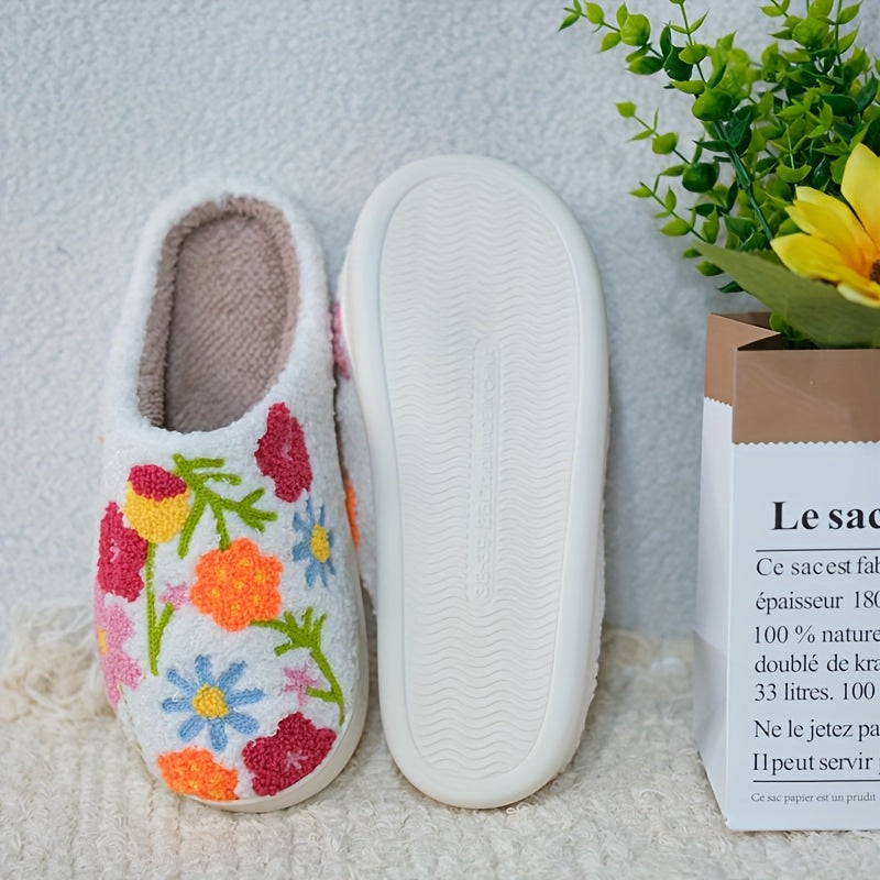Unisex Plush Floral Indoor Slippers Warm Soft Winter TPR Sole