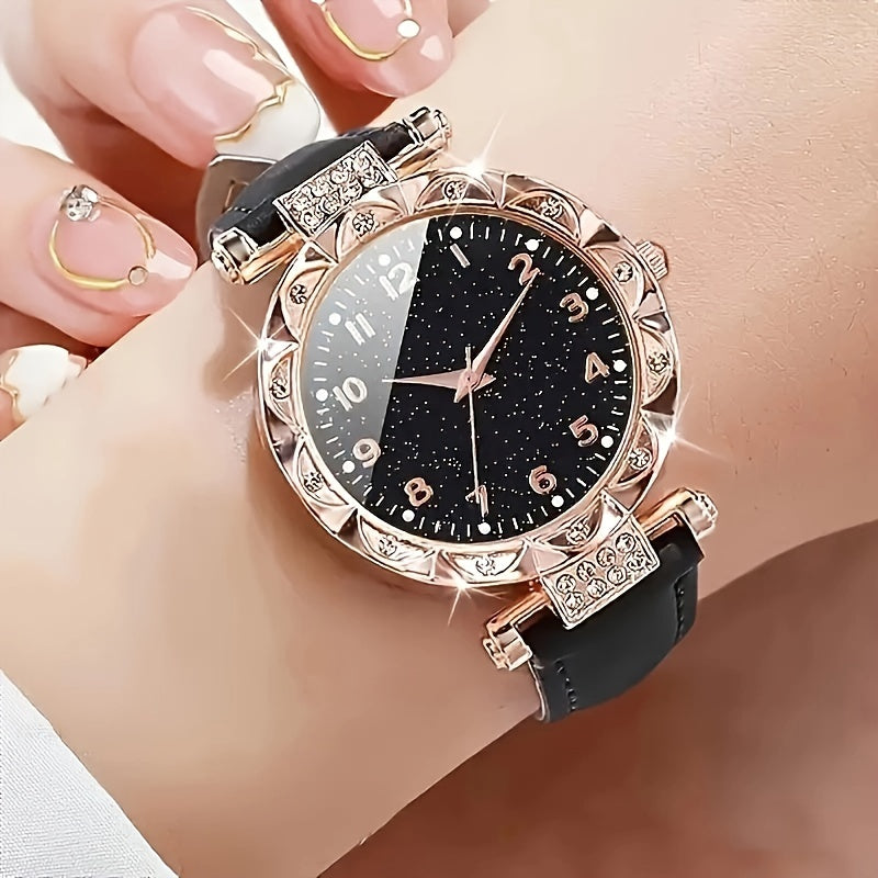 Women's Watch Set with Starry Sky Quartz Watch and Jewelry Oval Pendant
