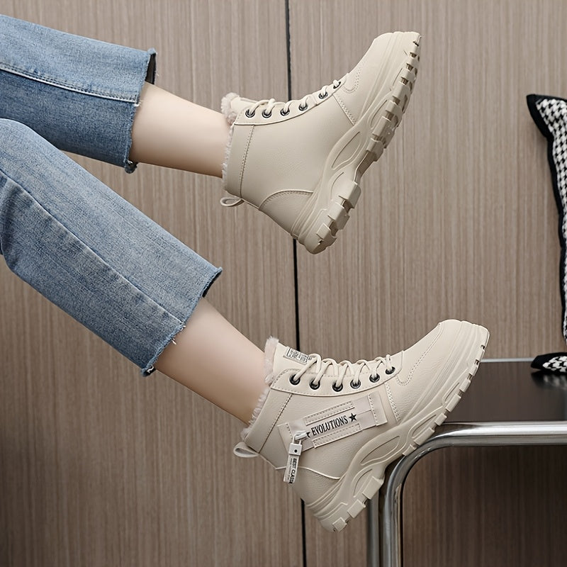 Women's Winter Ankle Boots Lace-Up High-Top Faux Leather Casual Shoes