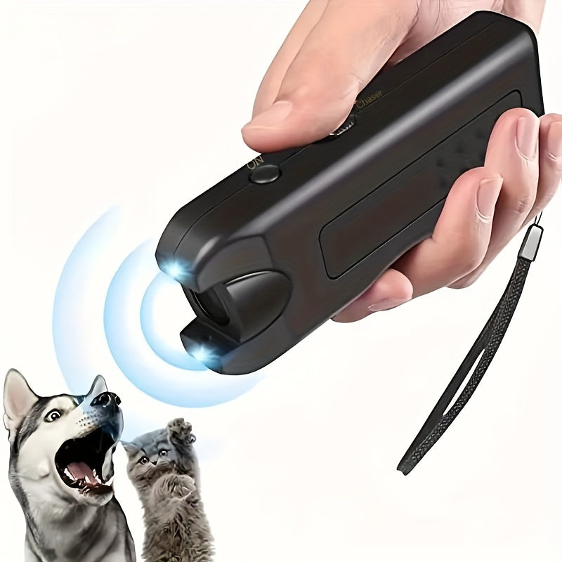 Portable Battery-Powered Dog Repellent Device with Soundwave Technology and LED Light