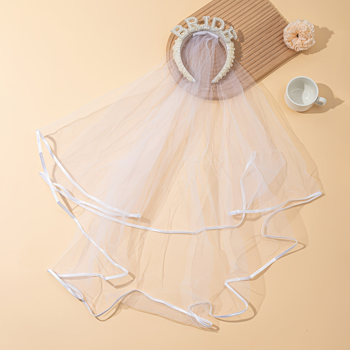 Bridal Headband with Faux Pearls Rhinestones Tulle Veil Bride Lettering Wedding Hair Accessory