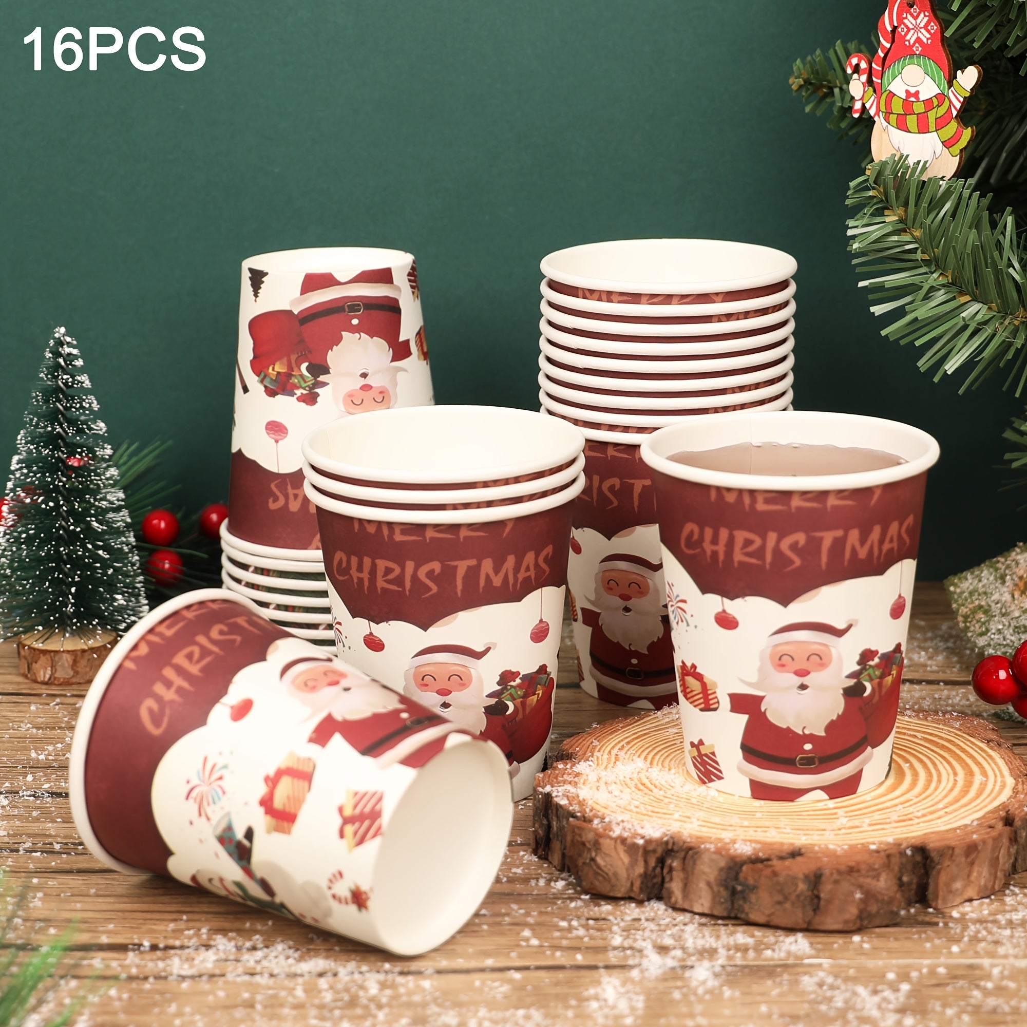 Red Christmas Disposable Paper Cups Santa Snowflake Design BPA-Free Recyclable Cold Drinks