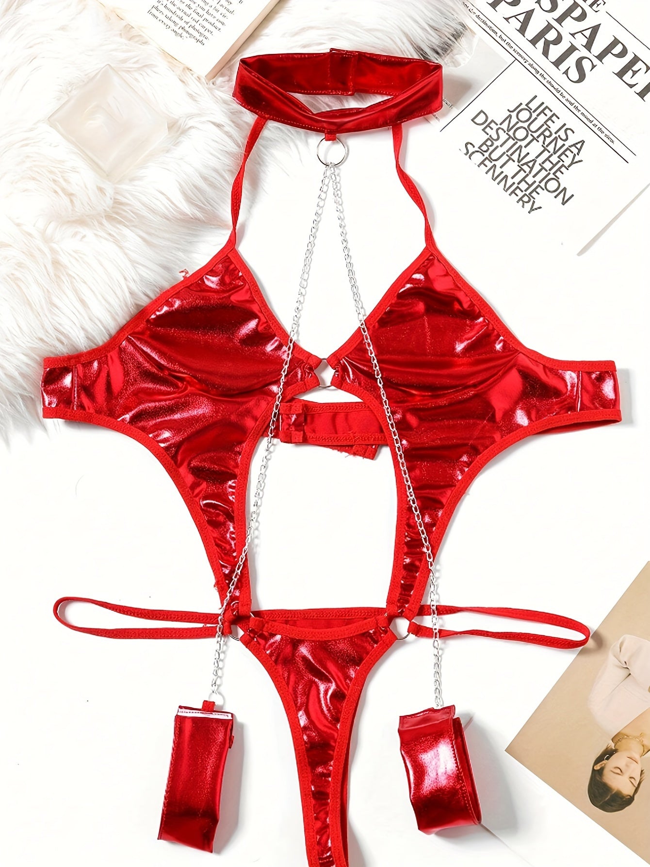 Red Patent Leather Bodysuit with Metal Chain Details for Adults