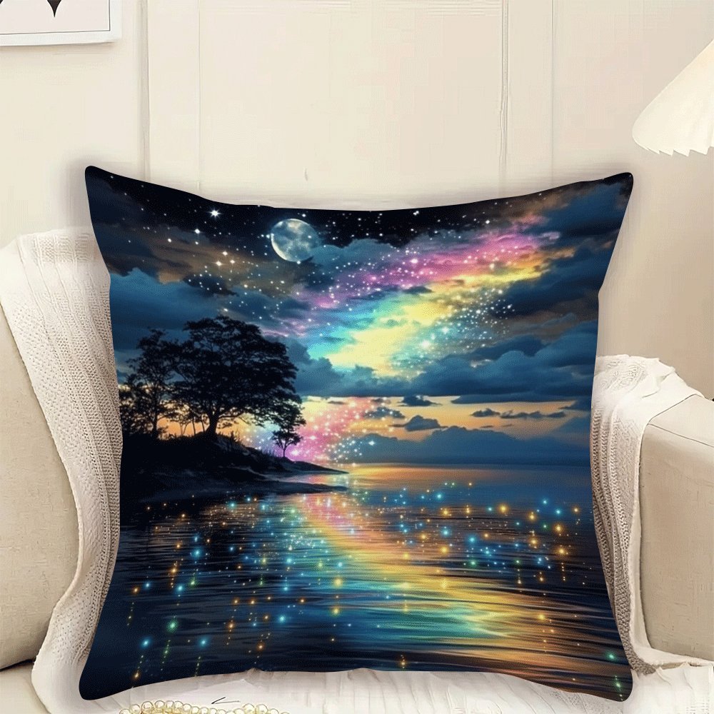 Starry Rainbow Tree of Life Decorative Cushion Cover 45.72x45.72 cm Polyester Machine Washable