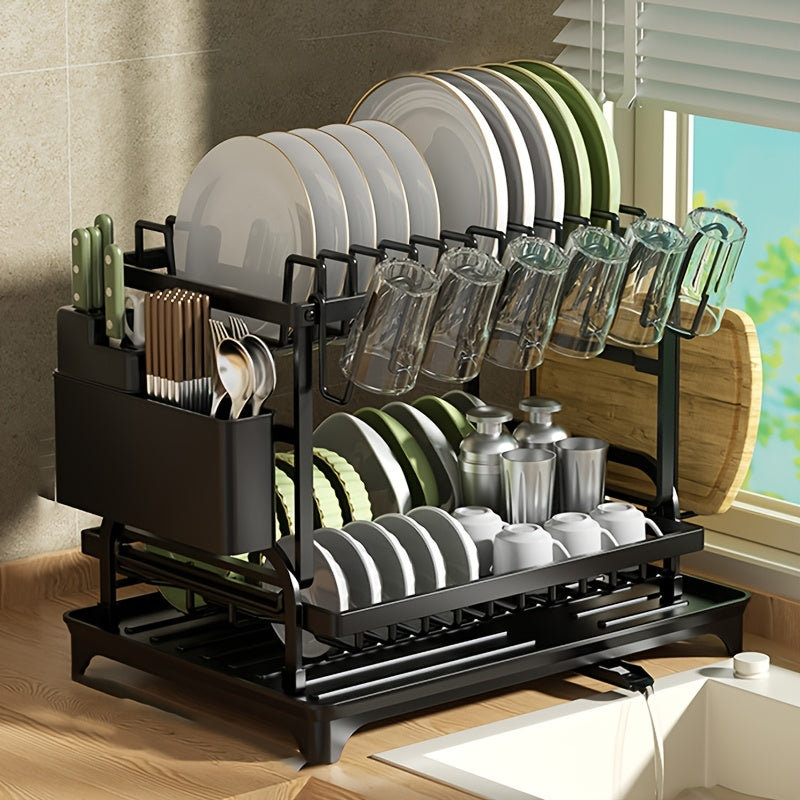 Large Metal 2-Layer Dish Drying Rack with Drain Board and Accessories