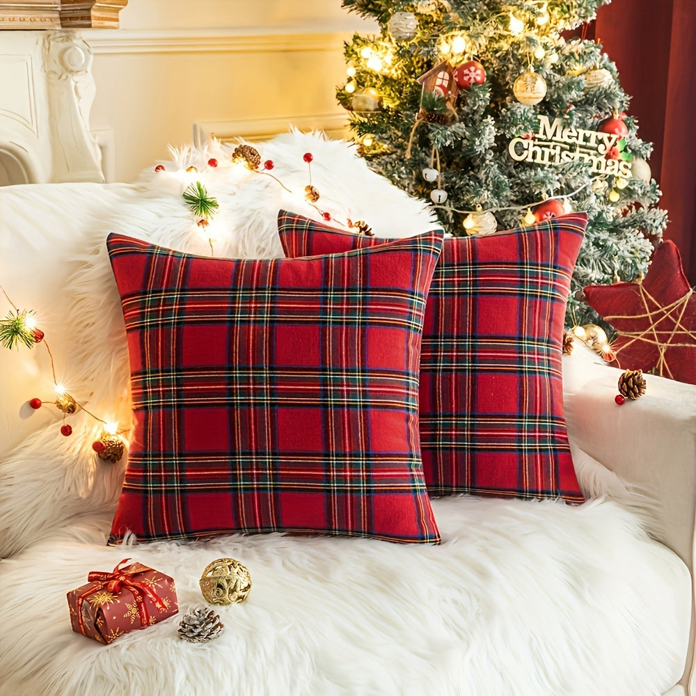 Machine Washable Polyester Throw Pillow Cover with Christmas Plaid Design