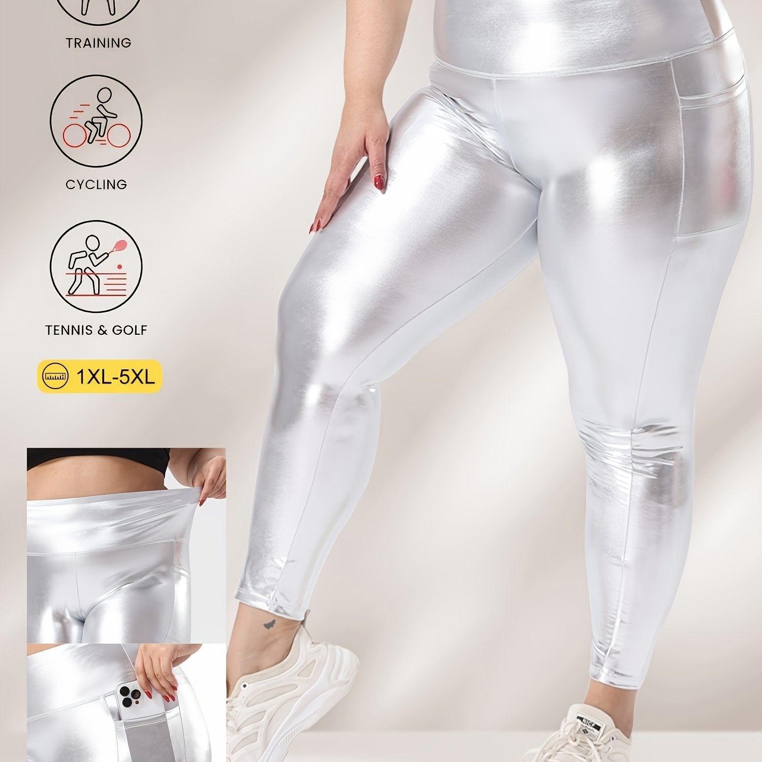 Plus Size Yellow High-Waisted Stretch Leggings 7/8 Yoga Pants With Pockets