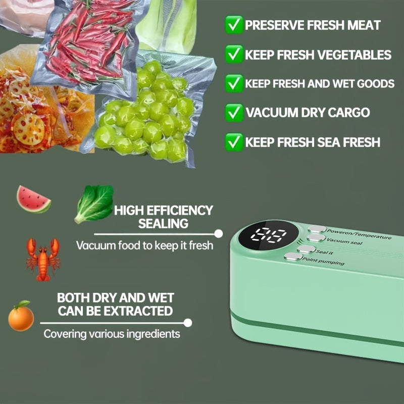 Kompakt JKUOO Portativ Oziq-ovqat Yopish Qurilmasi to'plami USB bilan qayta zaryadlanadigan, avtomatik atıştırmalık yopish tizimi bilan 20 ta fermuarlı sumka, 3 ta rulonli vakuum sumkalarini o'z ichiga oladi. Oshxona va tashqaridagi pikniklar uchun ideal.