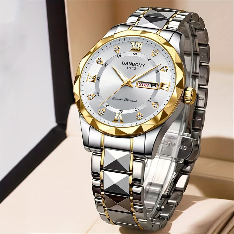 Men's Stainless Steel Watch with Roman Numerals Dial and Rhinestones