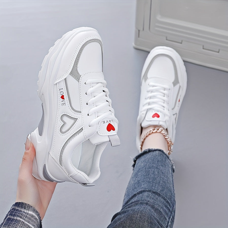 Women's White Sneakers with Black Accents Casual Running Shoes Thick Sole
