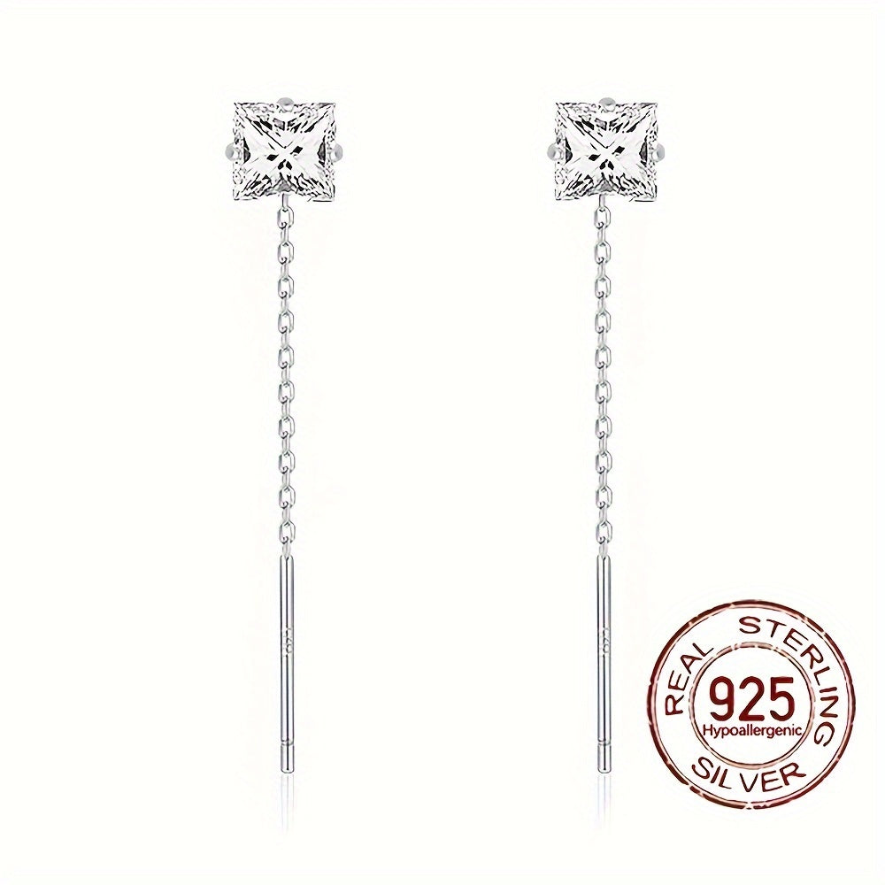 Sterling Silver Hypoallergenic Cube Earrings with Zirconia Dangle Chain Design