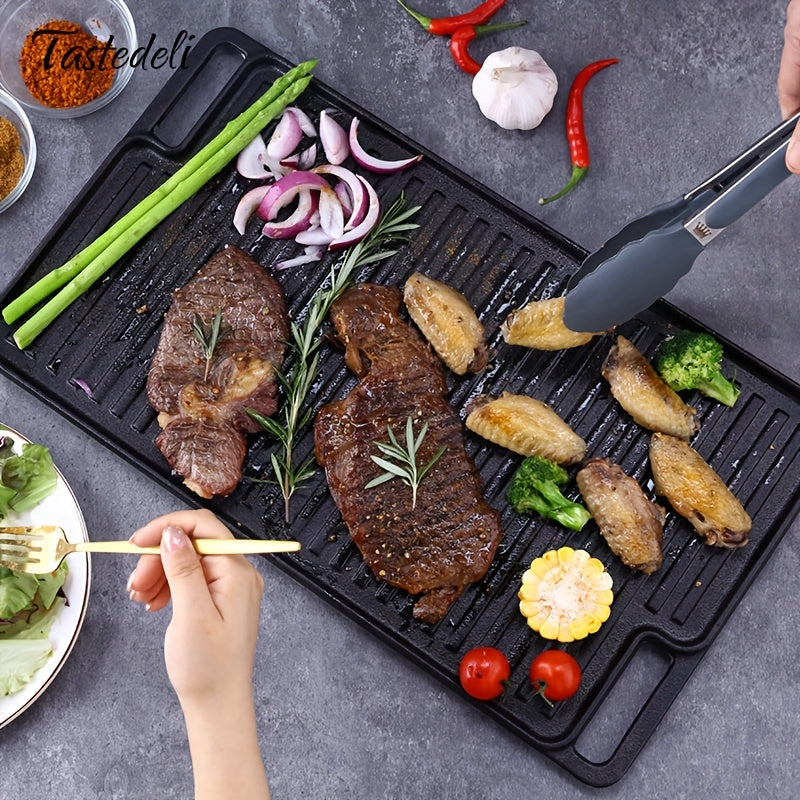Tastedeli 45.72x25.4sm oldindan tayyorlangan quyma temir ikki tomonlama gril/griddle bilan tanishing! Tashqi sayohatlar, pikniklar va BBQlar uchun ideal - TASTEDELI