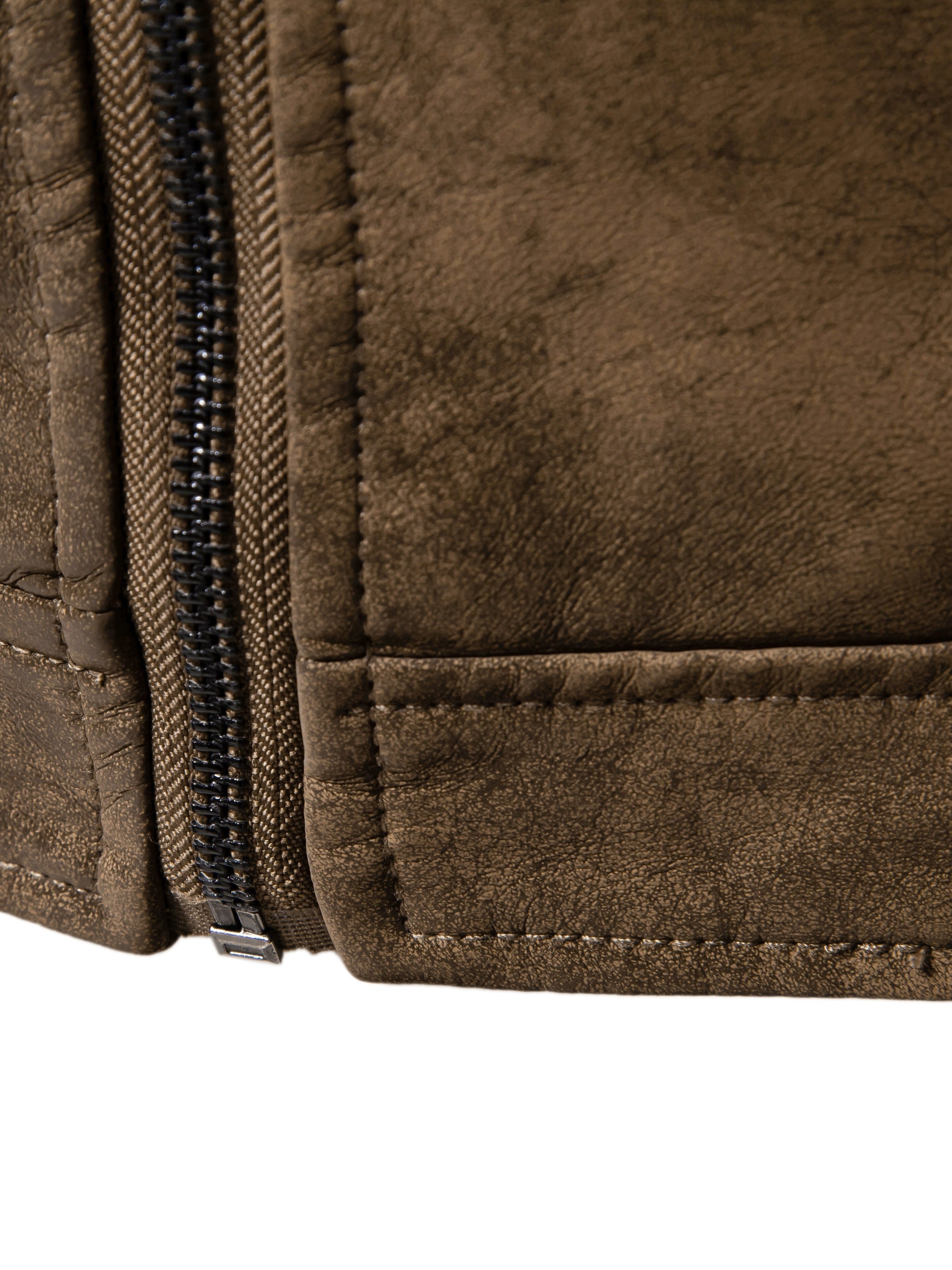 Erkaklar uchun vintage uslubidagi sun'iy charm kurtka, turli xil yenglar, zip-up yopilishi va polyester astar bilan.