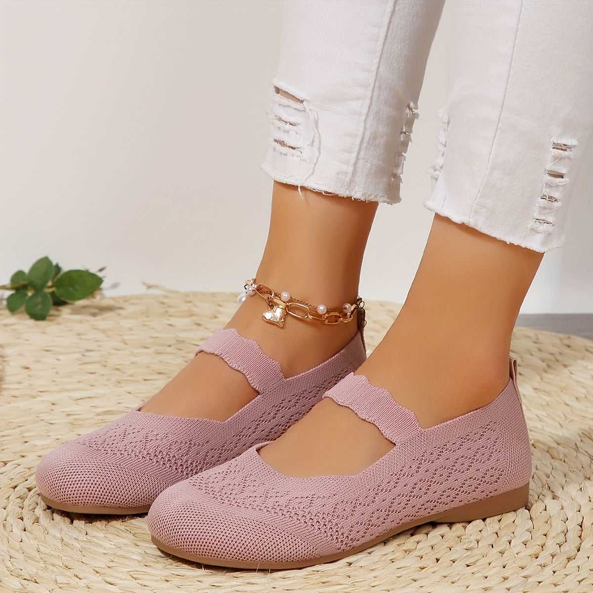Women All-Season Knit Mary Jane Flats Solid Color Slip-On Round Toe Shoes