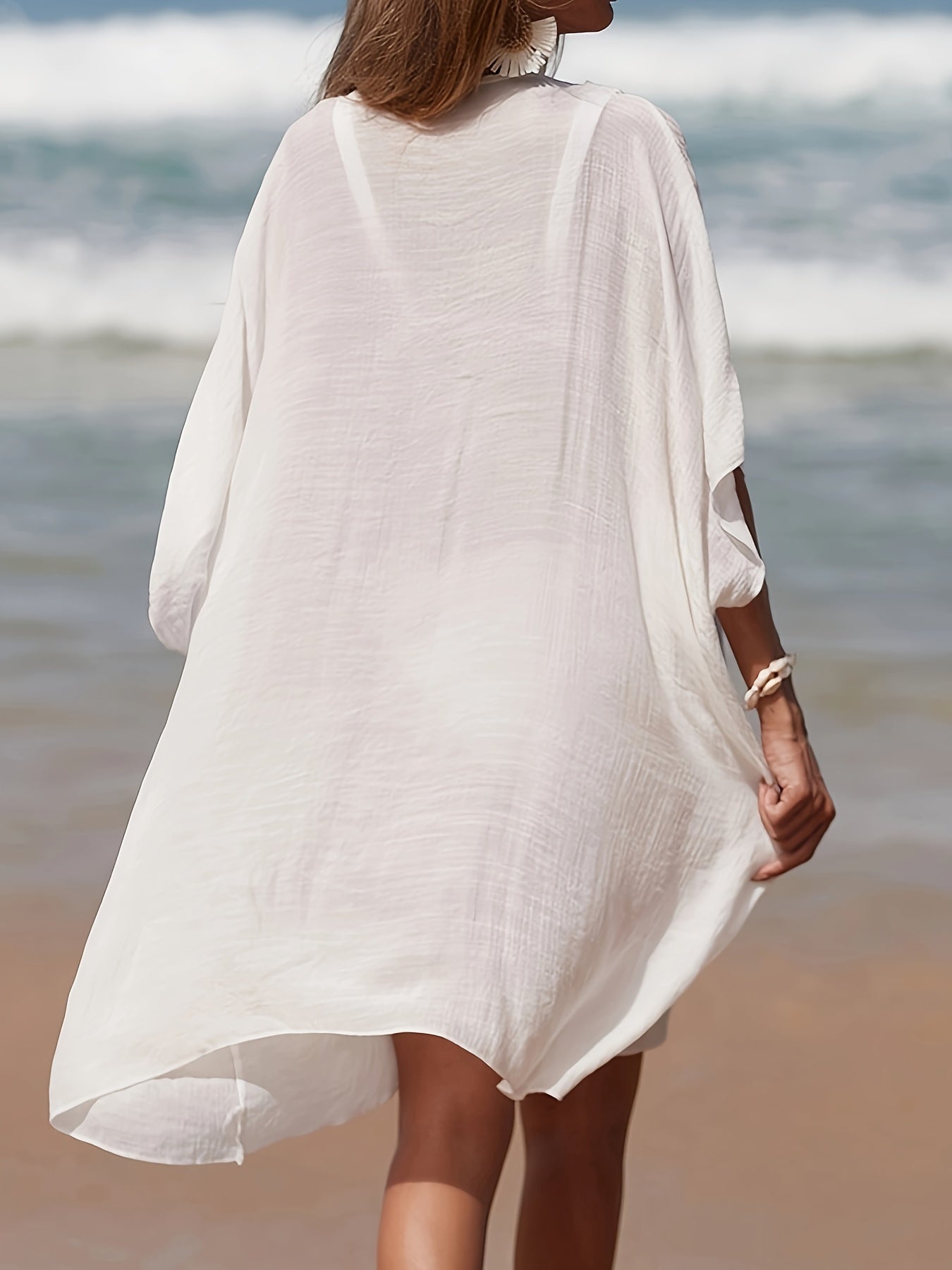 Women's Solid Color V Neck Crochet Trim Cover Up Dress for Beach Holiday