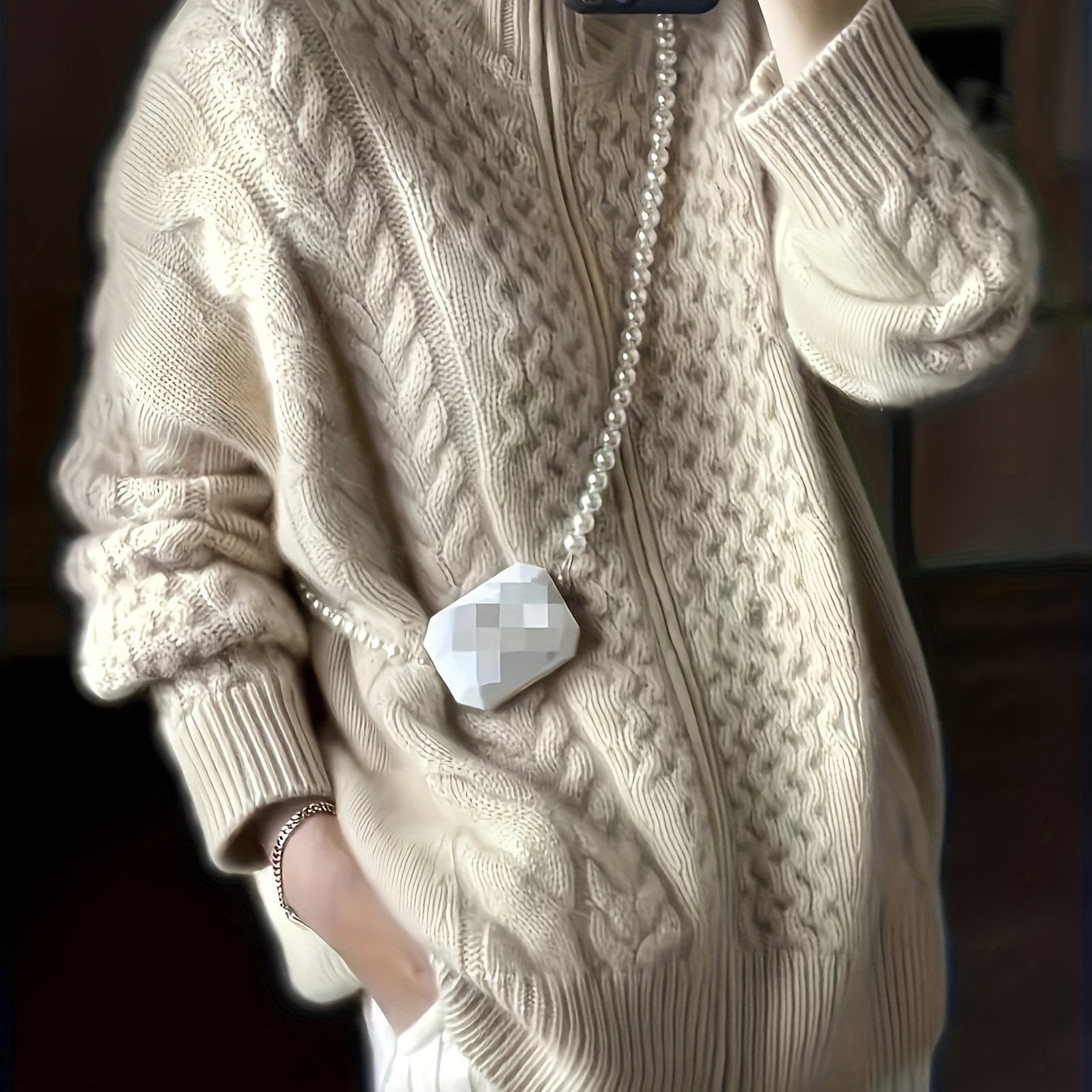 Women's High Neck Solid Color Polyester Sweater with Zipper for Fall Winter