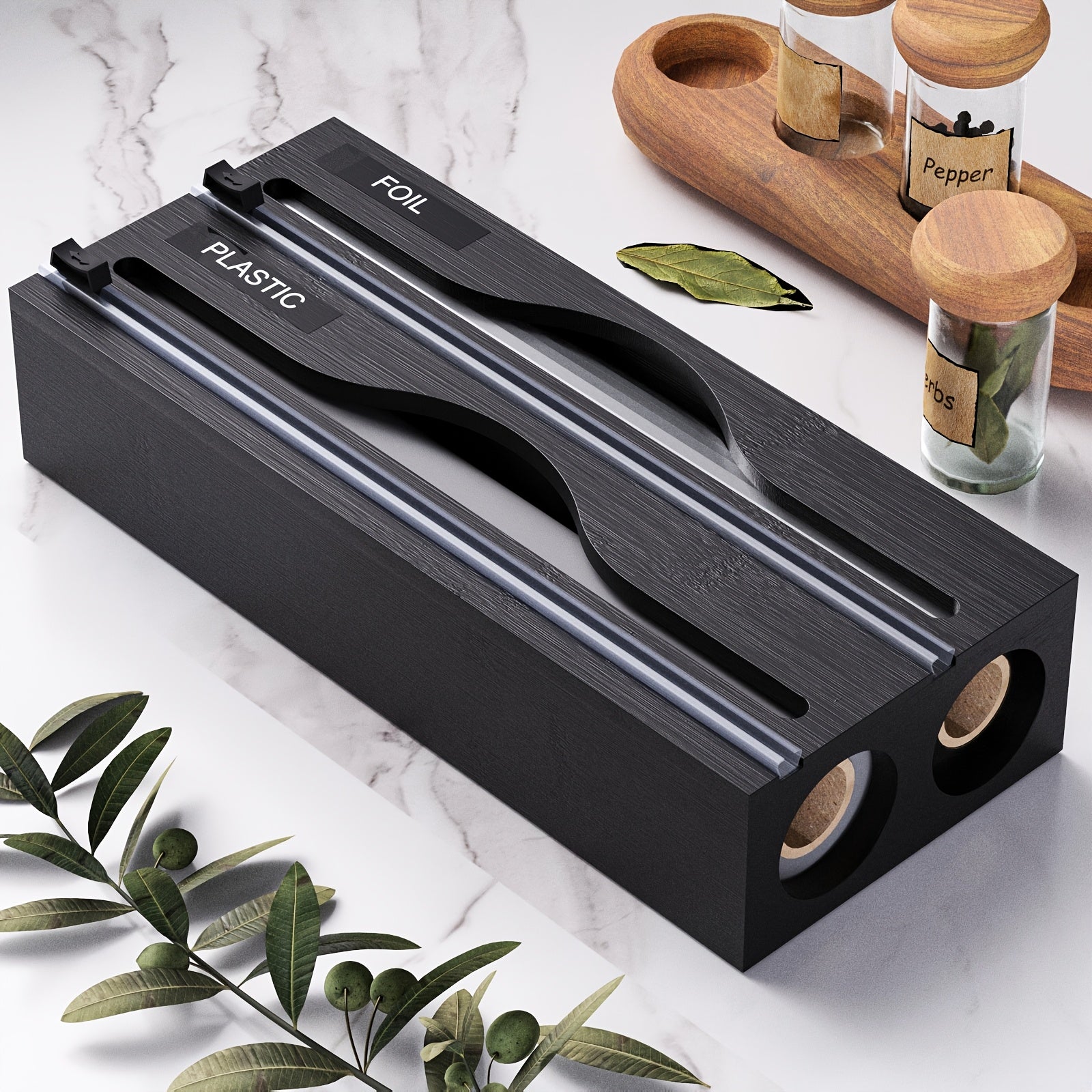 Bamboo Wrap Dispenser with Cutter for Kitchen Drawer Wall Organizer Plastic and Aluminum Foil Storage