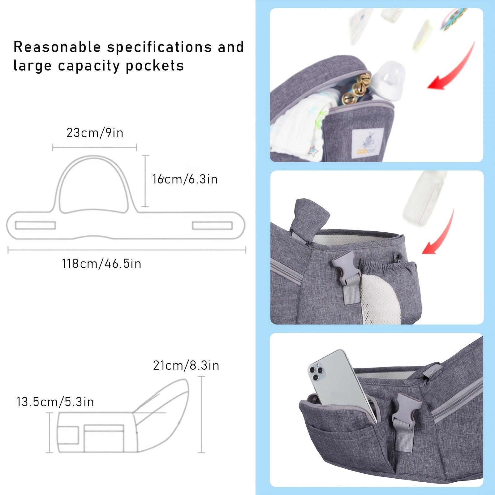 Kids Carrier Gray Ergonomic with Hip Seat Shoulder Strap Waist Belt Storage Pocket