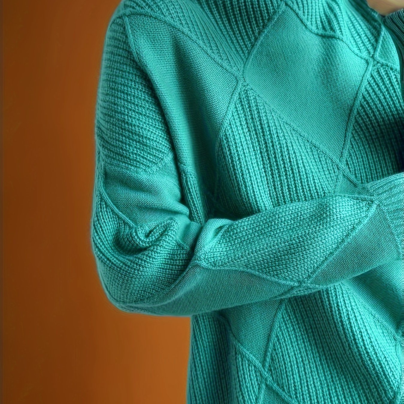 Women's Green Turtleneck Sweater Acrylic Knit Diamond Pattern Long Sleeve Fall Winter
