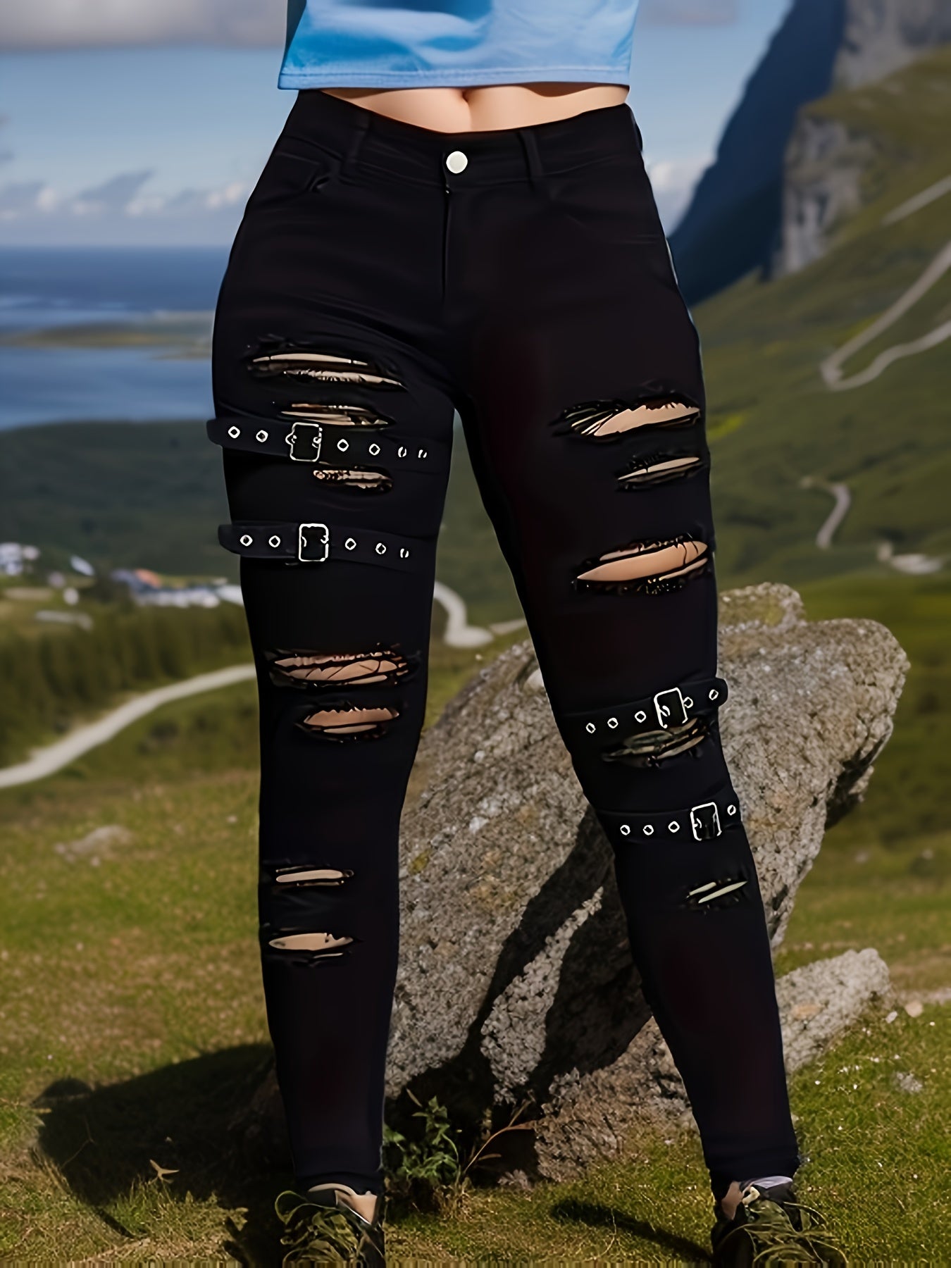 Women's Denim Fitted Black High-Stripe Jeans with Button Details