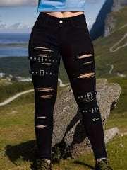 Women's Denim Fitted Black High-Stripe Jeans with Button Details