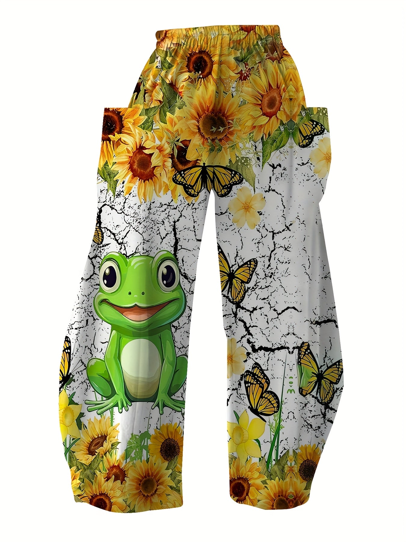 Pantalones de mujer de talla grande de poliéster de pierna ancha con estampado de girasoles y ranas