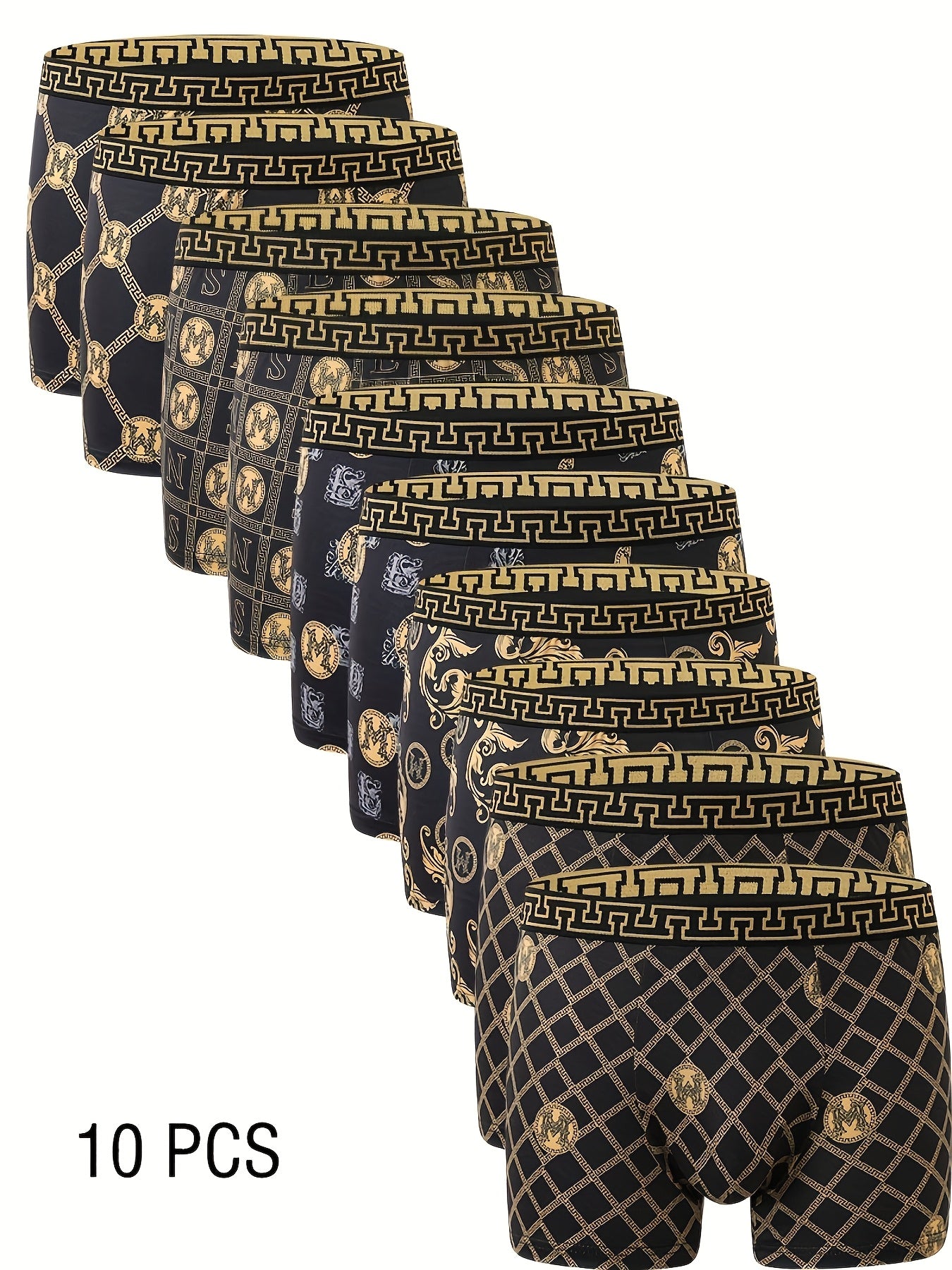 Men's Boxer Briefs 10 Pack Black Gold Print High Stretch Polyester Quick-Dry Comfort for Golf