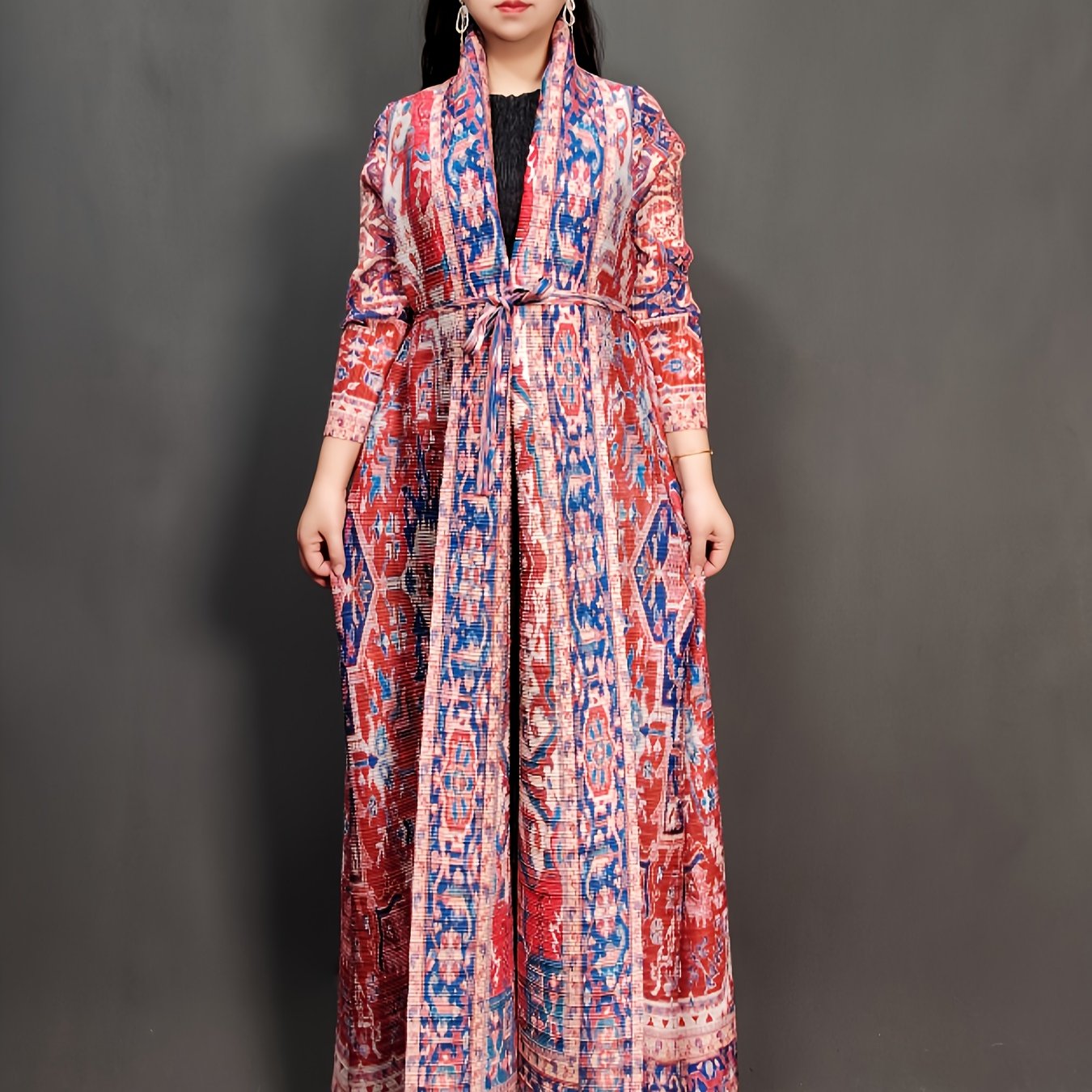 Blue and Black Floral Print Maxi Kaftan Dress with Long Sleeves and Tie Waist for Women