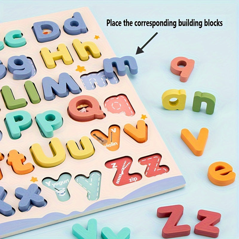 Wooden Alphabet Puzzle Board for Kids 52 Pieces Uppercase Lowercase Educational Toy Ages 3+